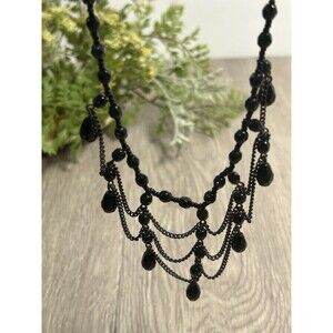 Vintage Black Faceted Glass Bead Necklace Bib Style Costume Jewelry